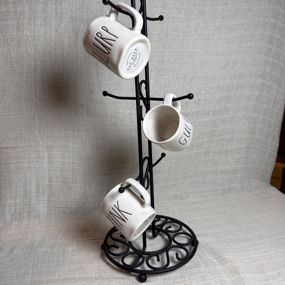 Rae Dunn Espresso Cups Set of 3 DRINK GULP SLURP with Black Metal Cup Stand